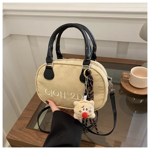 American Vintage Frosted Suede Bowling Bag For Women Embroidered Letter Handbag Mini Boston Crossbody Bag With Charm