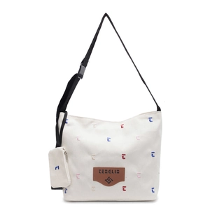 Large capacity white canvas tote bag with colorful C embroidery and adjustable black strap