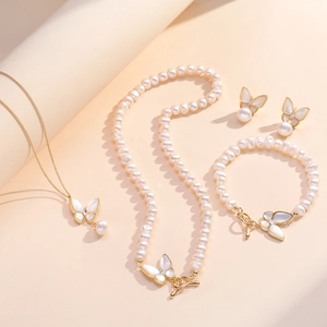 Collier Bracelet Boucles Oreilles Papillon Élégant Perle Eau Douce Nacre Acier Titane Plaqué Or