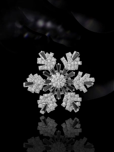 Dettaglio macro della spilla a fiocco di neve rotante con cristalli neri e bianchi