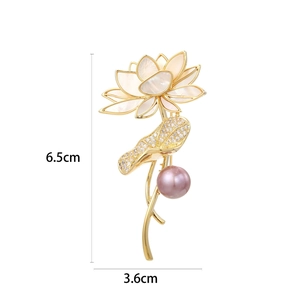Eleganter Gold-Lotos-Anstecknadel mit Schalenblüten und lila Süßwasserperle 6.5cm