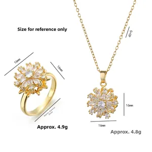 Golden sunflower jewelry set with sparkling zircon rotating ring and pendant necklace