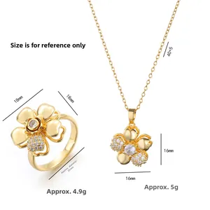 Conjunto de joyas flor giratoria con collar dorado y anillo ajustable de circonita