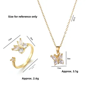 Conjunto de collar y anillo ajustable de acero de titanio con mariposa de circonita