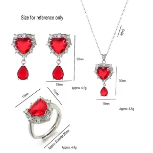 Three-piece red heart zircon jewelry set with necklace earrings and ring sizing