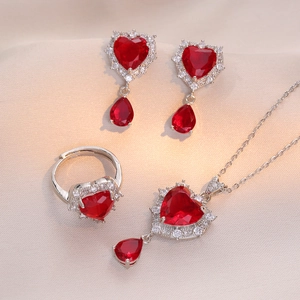 Heart Jewelry Necklace And Earrings And Ring For Women Red Zircon Stainless Steel Elegant Romantic Gift