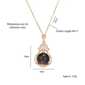 Titanium steel necklace with black teardrop pendant and crystal pavé flower design