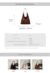 Specifiche dettagliate sulle dimensioni e tabella materiali per la borsa tote vintage in PU