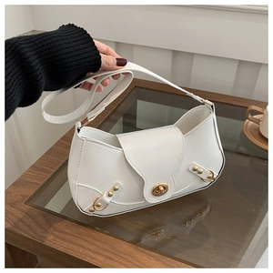 Women PU Leather Underarm Bag Retro Half Moon Shoulder Bag With Gold Turn Lock Rivet Decoration Fashion Street Style Solid Color Purse