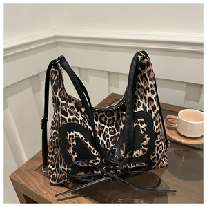 French leopard print tote bag with black leather butterfly bow and versatile shoulder strap