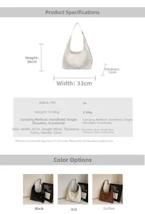 Detailed dimension chart for large PU leather tote bag in black, cream, and coffee brown