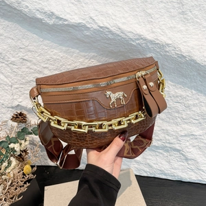 Damen Krokodilmuster Brusttasche PU Leder Gürteltasche Mit Goldkette Pferdelogo Breiter Jacquard Gurt Crossbody Satteltasche