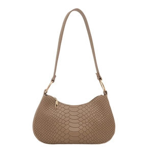 Brown crocodile pattern faux leather half-moon shoulder bag with golden metal rings