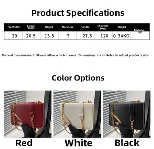 Size guide for PU leather crossbody bag showing dimensions and red, white, black colors