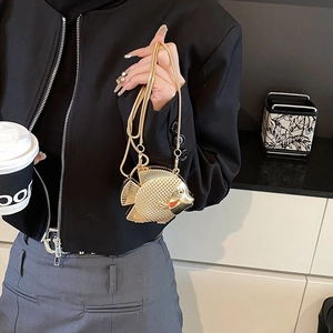 Chic gold fish-shaped mini crossbody bag with metallic fish scale texture and chain strap