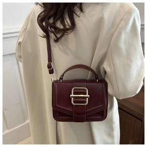 Detail view of burgundy small square bag with gold metal buckle and leather strap
