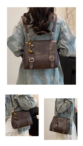 Detail of dark brown vintage PU leather backpack featuring COIN 7ND logo and gold charms