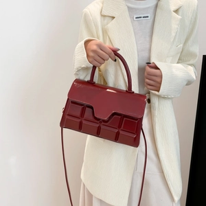 Deep red chocolate plaid crossbody handbag with glossy finish and top handle for women