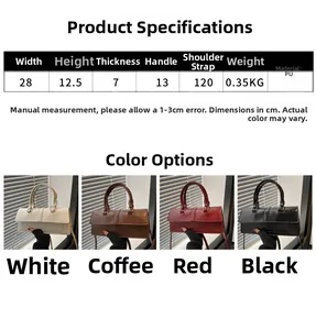 Detailed size chart of the rectangle PU shoulder bag with four color options shown