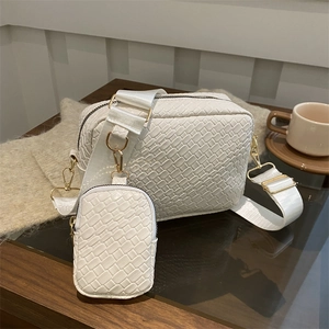 Women Woven PU Leather Crossbody Camera Bag And Small Pouch With Wide Strap Minimalist Street Style Fashion Shoulder Bag