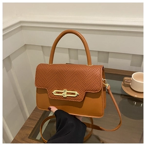 Detail of vintage brown crossbody bag with crocodile pattern flap and gold clasp hardware