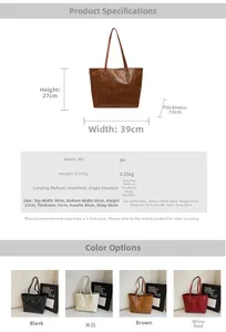 Detailed size specifications and material chart for large PU leather tote bag with four colors