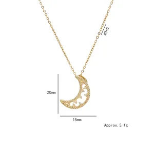 Golden crescent moon pendant necklace with white crystals, size 20x15mm, length 45cm
