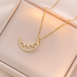 Moon Pendant Necklace Titanium Steel Hollow Crescent Zircon Pave Gold Plated Elegant Jewelry Women