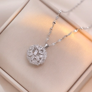 Hollow Sphere Pendant Necklace Women Stainless Steel Baguette Cubic Zirconia Magic Ball Jewelry