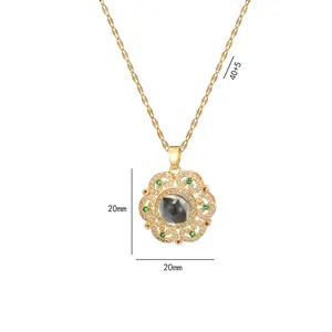 Golden flower necklace with emerald zircon pendant and mandala hollow design for women