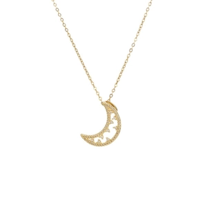 Elegant gold crescent moon pendant necklace with pavé cubic zirconia and hollow design