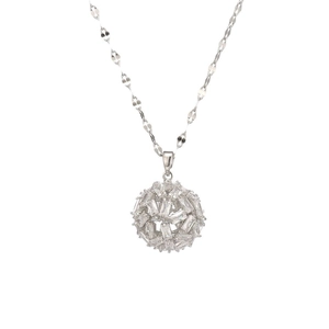 Elegant silver chain necklace featuring a sparkling baguette-cut crystal ball pendant