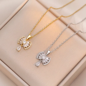 Schleife Wassertropfen Anhänger Halskette Edelstahl Mikro Pave Zirkonia Modeschmuck Für Damen