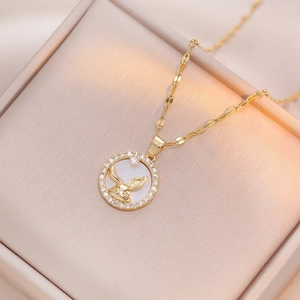 Rabbit Pendant Necklace Titanium Steel Round Mother Of Artificial Pearl Zircon Inlaid Fashion Elegant Jewelry For Women