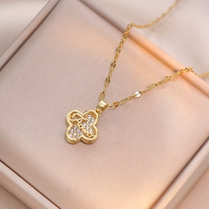 Four Leaf Flower Pendant Necklace Titanium Steel Zircon Inlaid Gold Plated Elegant Jewelry Gift For Women