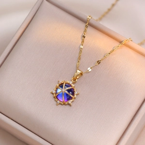 Titanium Steel Necklace With Blue Purple Gradient Gemstone Star Frame Pendant Elegant Fashion Jewelry For Women
