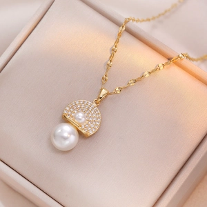 Pendant Necklace Double Artificial Pearl Titanium Steel Zircon Fan Shaped Light Luxury Jewelry For Women Water Wave Chain