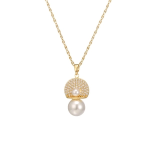 Elegant gold titanium necklace featuring a double pearl pendant with sparkling zircon accents