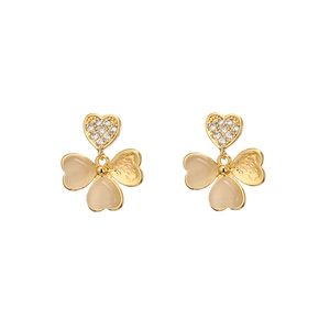 Élégantes boucles d'oreilles cœur et trèfle dorées avec pierre œil de chat et zircon