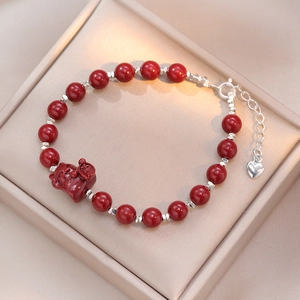 Bracelet En Perles De Cinabre Chat De La Chance Fait Main Style Chinois Rétro Chaîne En Alliage Réglable Bijoux Mode