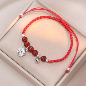 Bracciale In Corda Intrecciata Rossa Fatto A Mano Perle Di Agata Naturale Campanello Regolabile Ciondolo Zampa Di Gatto Regalo