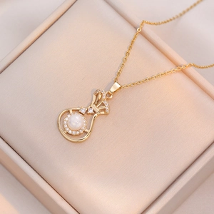 Fortune Bag Pendant Necklace Stainless Steel Gold Plated With Zircon And Cat Eye Stone Dainty Jewelry Gift For Women
