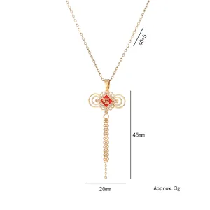 Golden Chinese knot necklace with red Fu character pendant and elegant long tassels