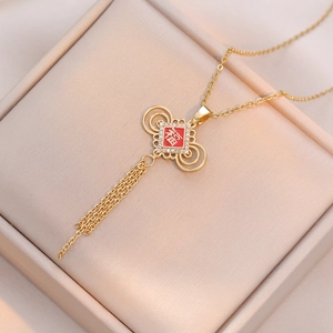 Lucky Fu Character Chinese Knot Tassel Necklace Red Enamel Rhinestone Stainless Steel Pendant Jewelry