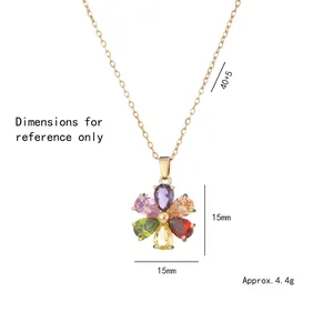 Collana in titanio dorato con ciondolo a fiore in zirconi colorati e sei pietre a goccia