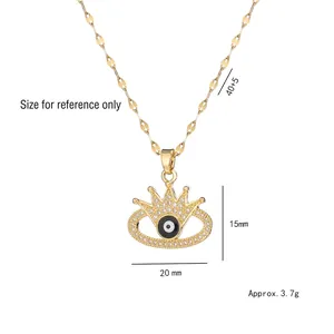 Collier couronne œil maléfique doré avec cristaux, pendentif 20x15mm, chaîne 40+5cm