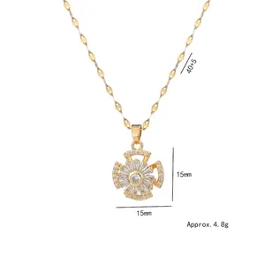 Rotating zircon flower pendant necklace in gold titanium steel for elegant women