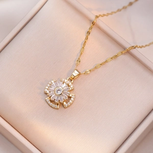 Rotating Sunflower Pendant Necklace Titanium Steel With Zircon Floral Design Luxury Elegant Jewelry Gift For Women