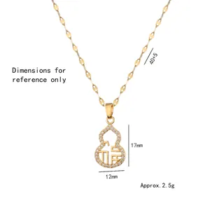 Titanium steel gold gourd pendant necklace with Fu character and crystal details
