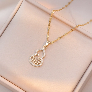 Gourd Pendant Necklace Titanium Steel Zircon Hollow Fu Character Blessing Vintage Jewelry For Women